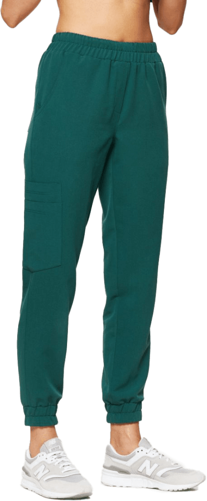 Spodnie medyczne o luźnym kroju z elastyczną talią i mankietami, idealne do pracy w służbie zdrowia.