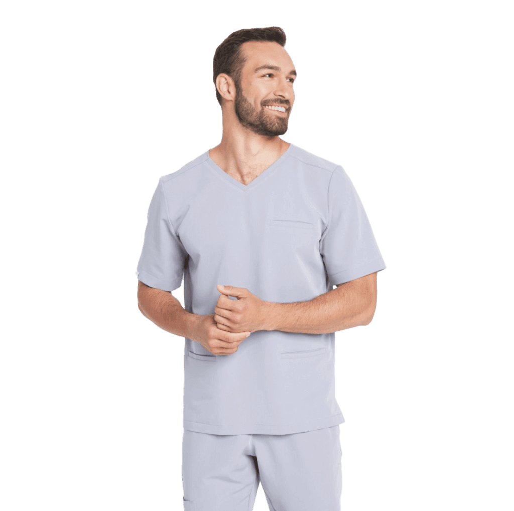 Mężczyzna w nowoczesnym, jasnoszarym ubraniu medycznym na stronie medandbeauty.com.