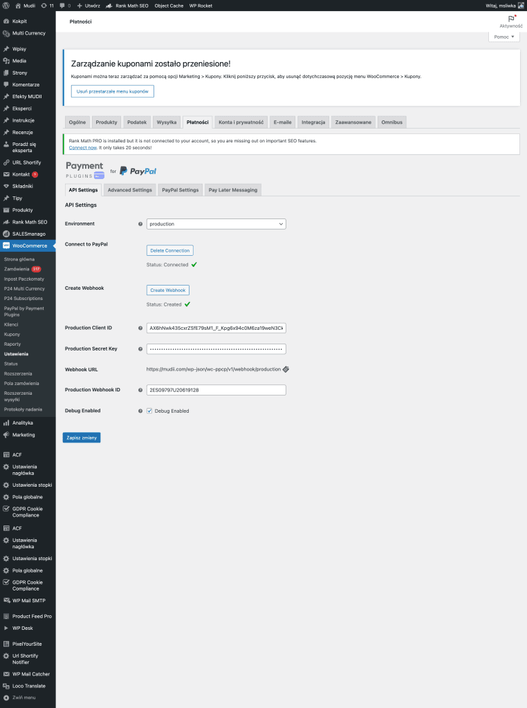 Panel ustawień płatności PayPal w systemie WooCommerce na stronie sklepu z odzieżą medyczną