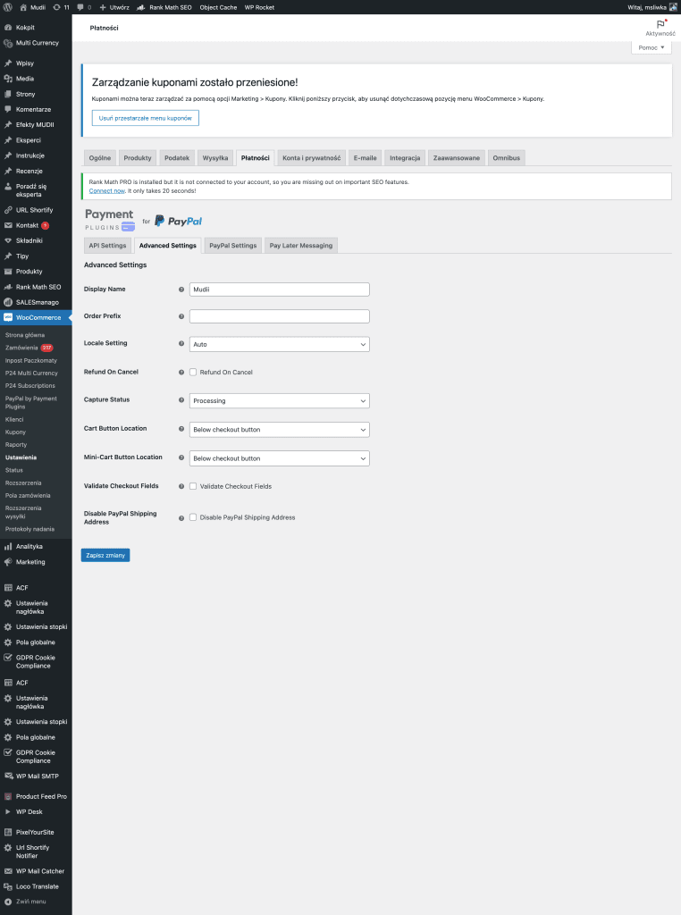 Panel administracyjny WooCommerce z ustawieniami płatności PayPal dla sklepu medycznego