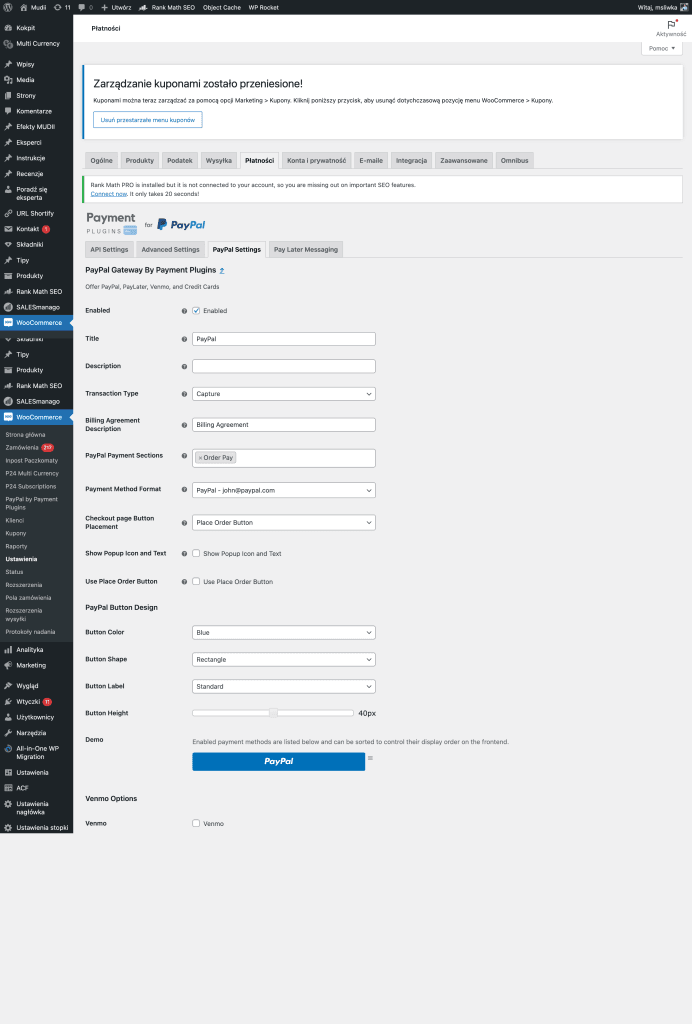 Zrzut ekranu panelu administracyjnego WooCommerce z ustawieniami płatności PayPal