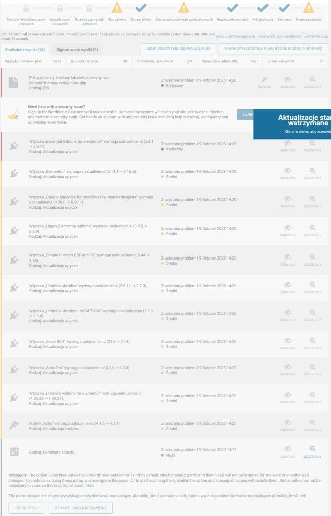 Panel zarządzania skanowaniem i aktualizacjami wtyczek WordPress