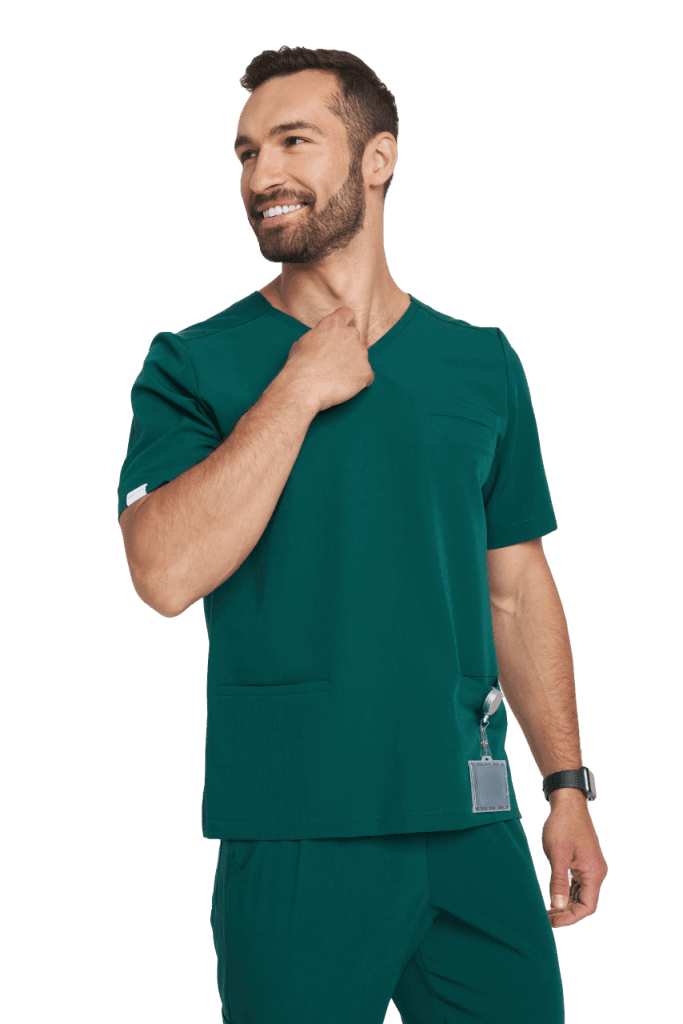 Mężczyzna w zielonym medycznym uniformie z identyfikatorem