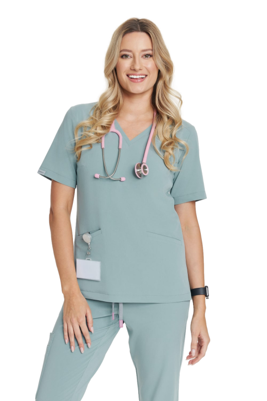 Camicetta medica da donna SCRUBS della collezione BASIC nel colore Frost Pistachio. Abbigliamento medico MED&BEAUTY medandbeauty