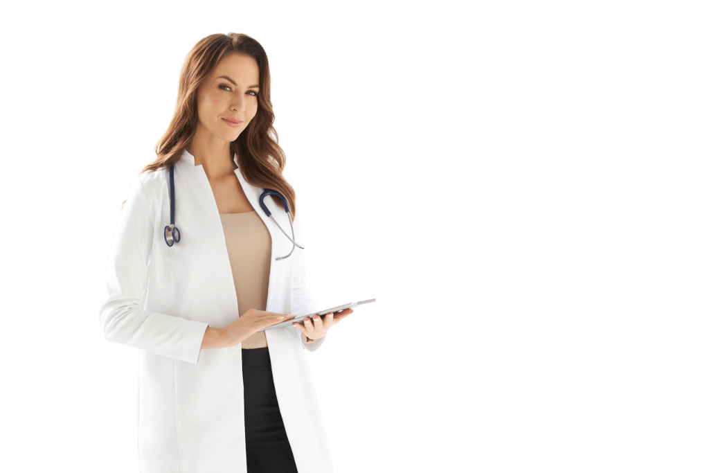 Kobieta lekarz w białym fartuchu z stetoskopem trzymająca tablet.