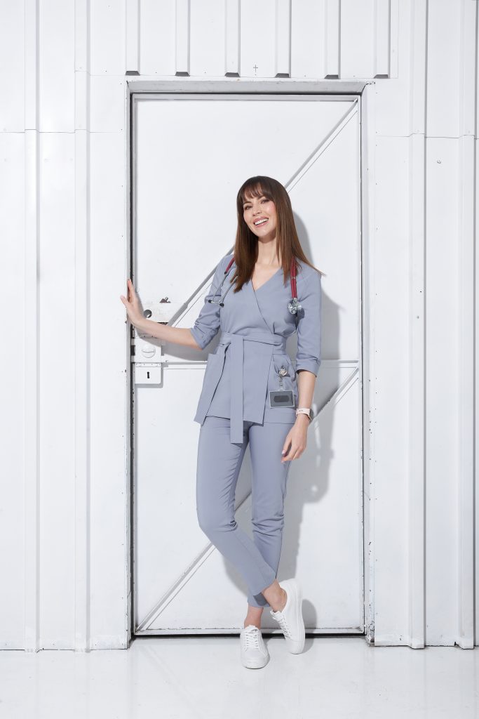 Medical clinging pants in gray color from PREMIUM collection. Colorful medical clothing, medical uniforms