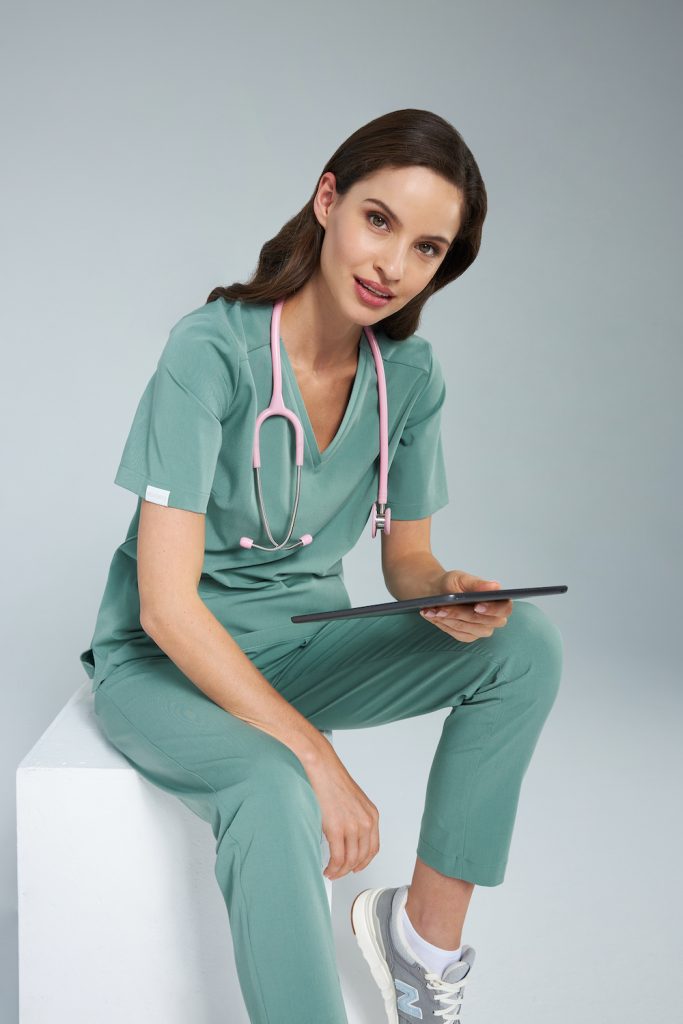 Women's medical straight pants SCRUBS in Subtle Sage color. Pants from BASIC MED&BEAUTY collection medandbeauty.com medical clothes