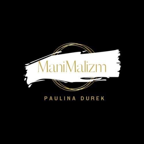 Logo ManiMalizm Paulina Durek na czarnym tle z białym pędzlem i złotym napisem