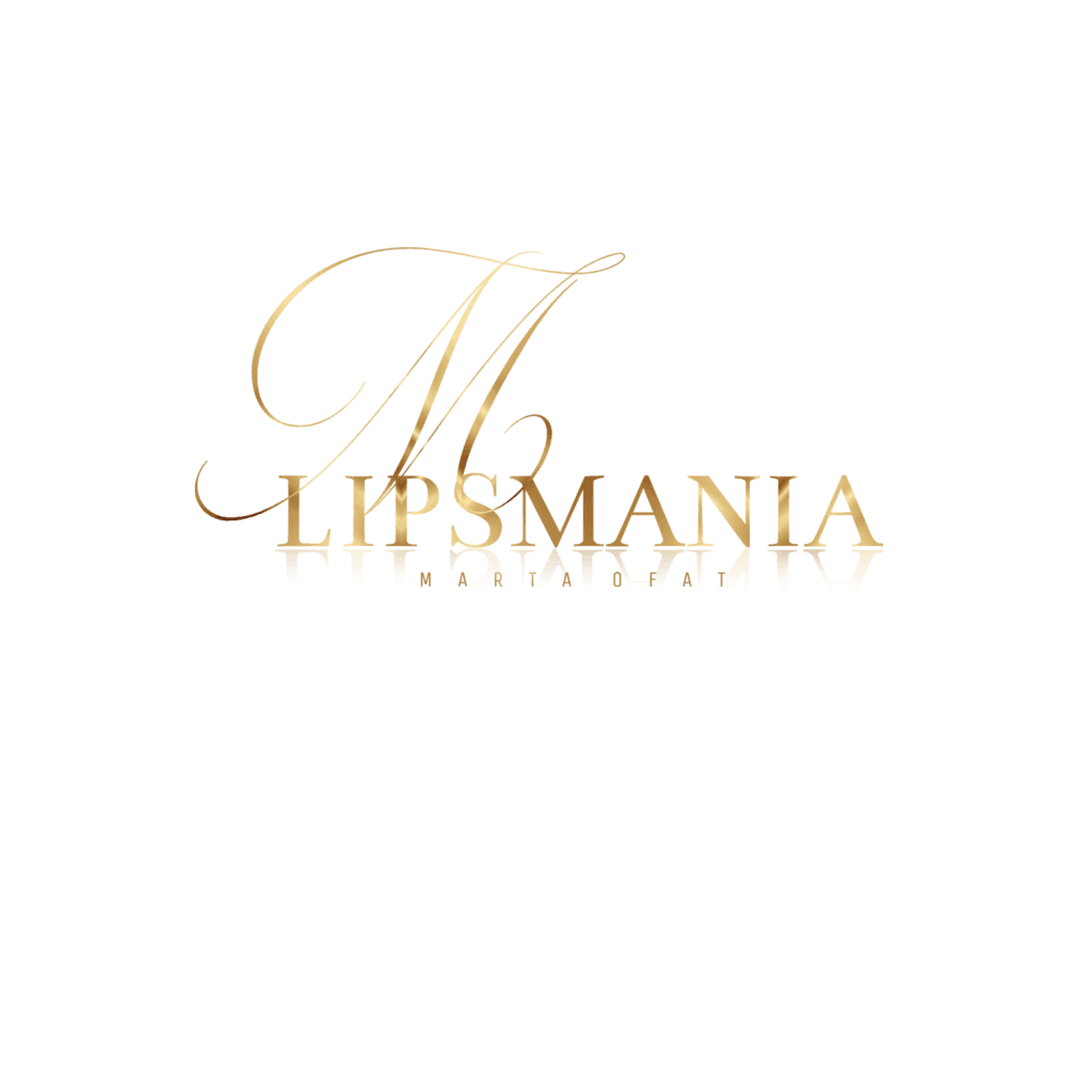 Eleganckie złote logo Lipsmania na czarnym tle