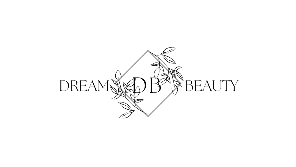 Logo Dream Beauty z delikatnym motywem liści, idealne dla marki odzieży medycznej.