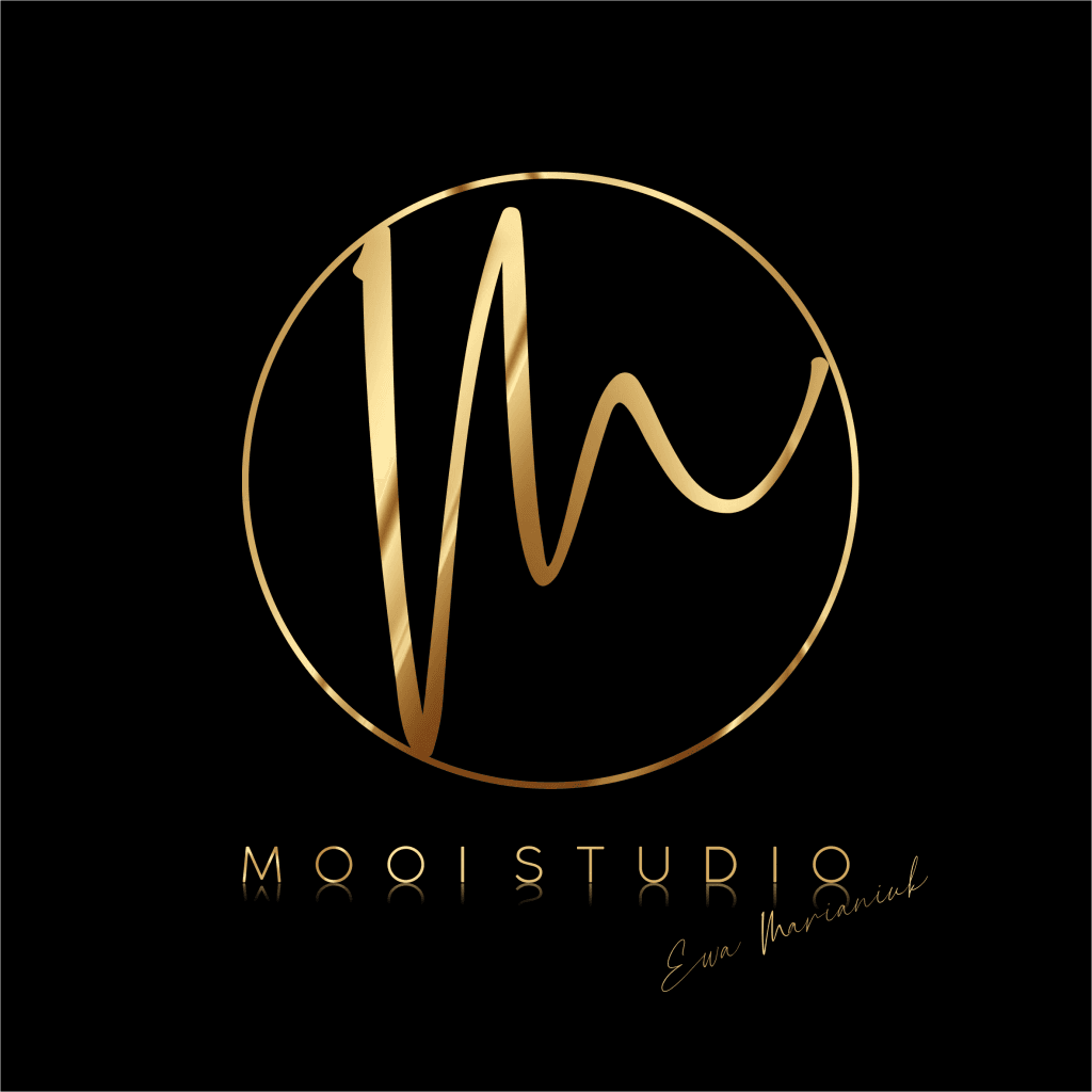 Eleganckie złote logo Mooistudio na czarnym tle