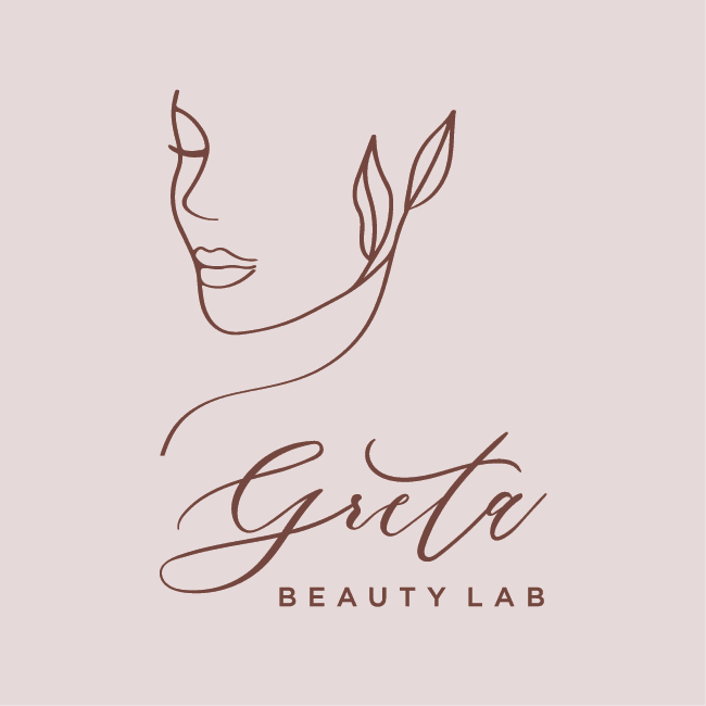 Minimalistyczny rysunek kobiecej twarzy z liśćmi i napisem Greta Beauty Lab