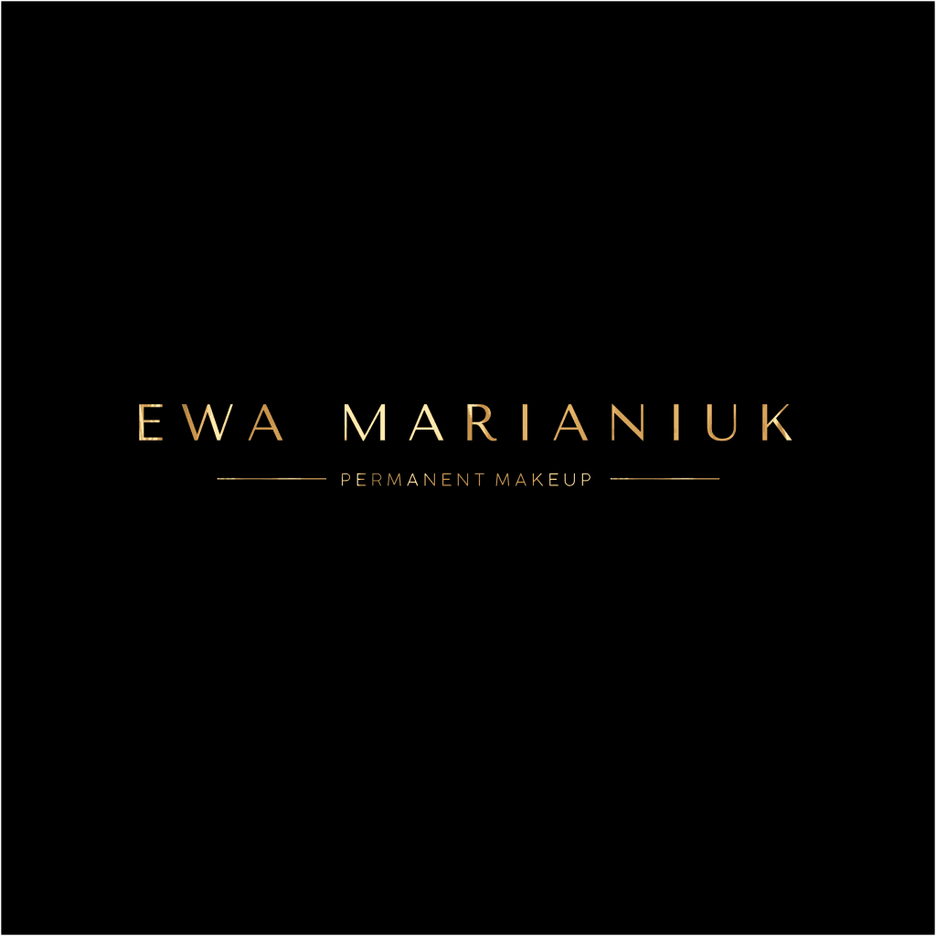 Logo Ewa Marianiuk Permanent Makeup w złotym kolorze na czarnym tle
