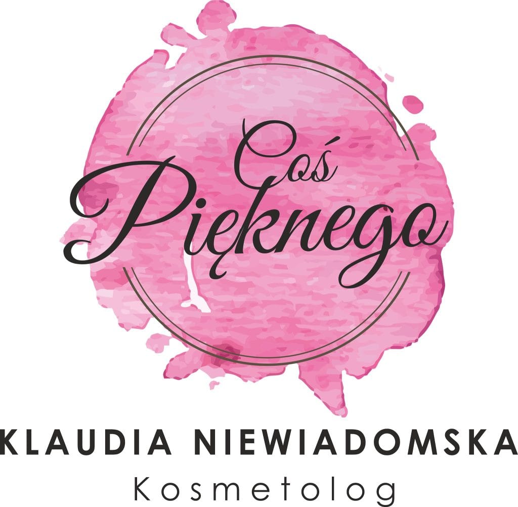 Logo gabinetu kosmetologicznego Coś Pięknego z różowym akwarelowym tłem