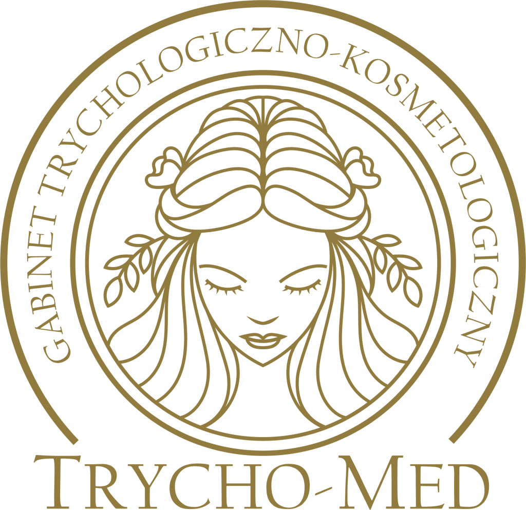 Logo gabinetu trychologiczno-kosmetologicznego Trycho-Med z delikatnym wizerunkiem kobiety i liśćmi