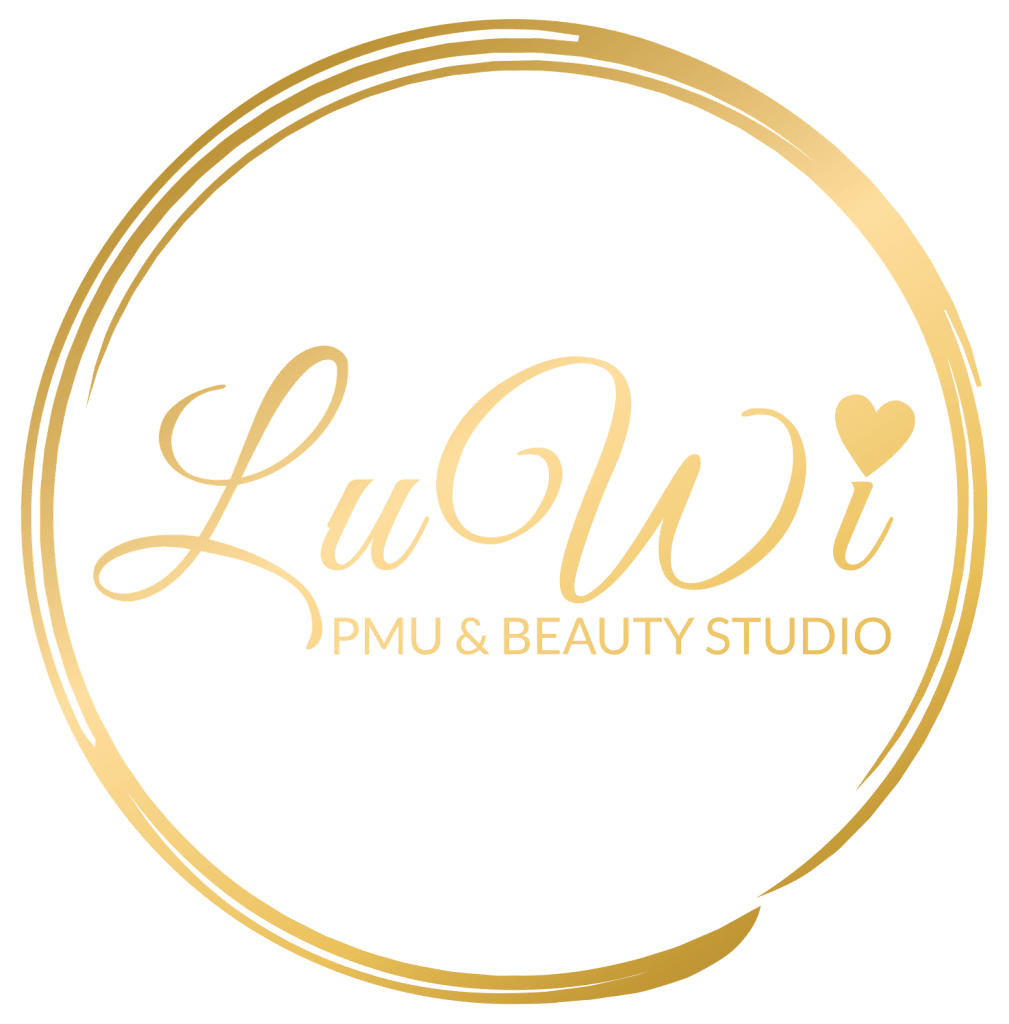 Logo LuWi PMU & Beauty Studio w złotym kolorze z ozdobnym okręgiem