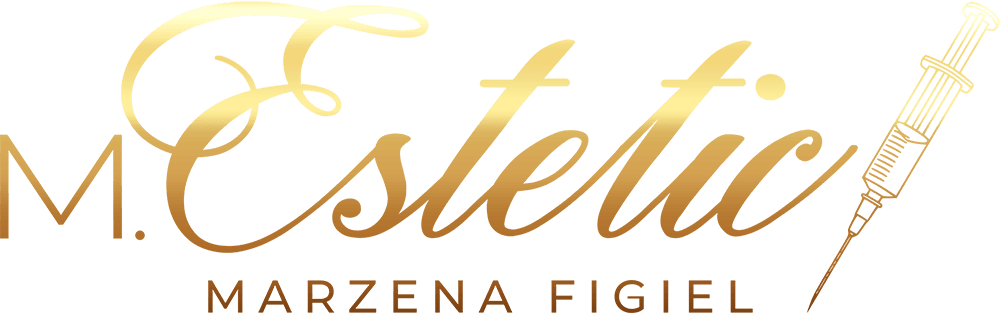 Złote logo M. Estetic z nazwą Marzena Figiel i grafiką strzykawki