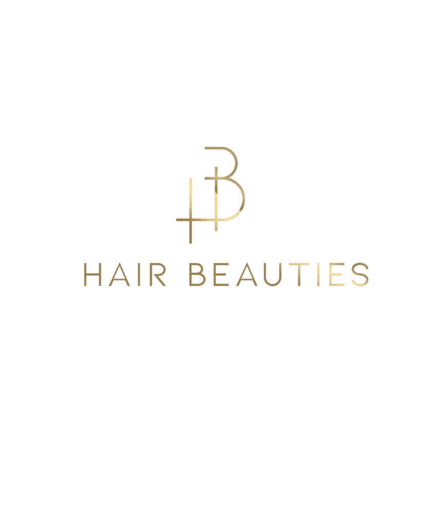 Złote litery tworzące nowoczesne logo Hair Beauties na czarnym tle