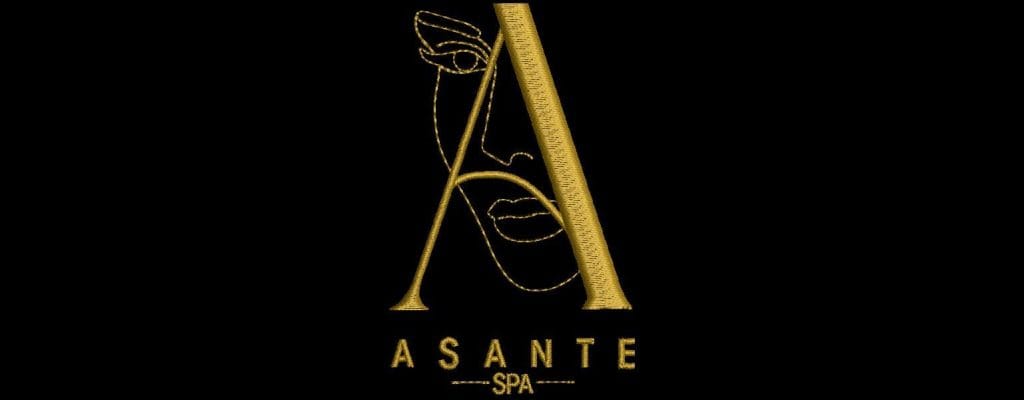 Złote logo ASANTE SPA z delikatnym konturem twarzy na czarnym tle
