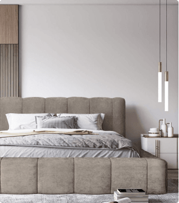 Nowoczesna i stylowa sypialnia z wygodnym łóżkiem i minimalistycznym wystrojem.