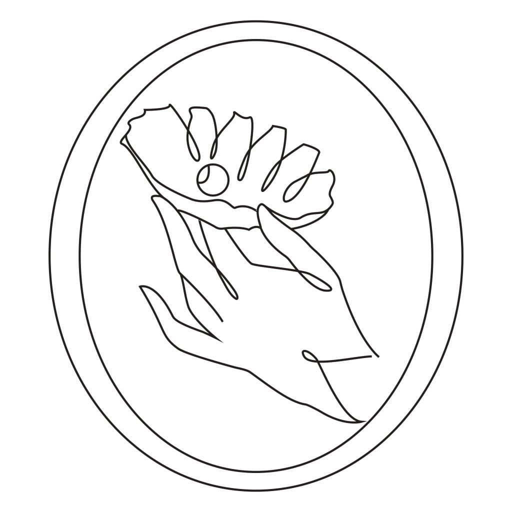 Delikatna ręka trzymająca liść w minimalistycznej ilustracji w okrągłej ramce