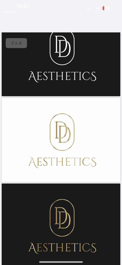 Eleganckie logo DD AESTHETICS w trzech wariantach kolorystycznych.