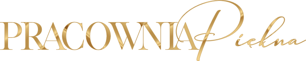 Złote litery logo Pracownia Piękna na czarnym tle