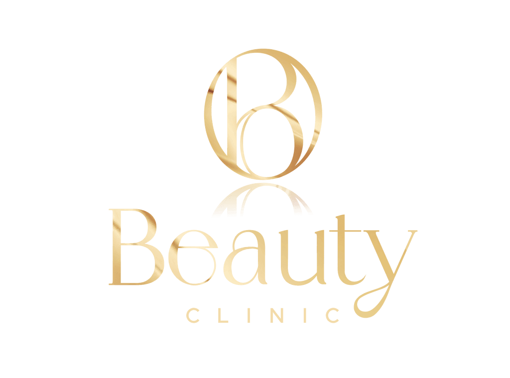 Złote logo Beauty Clinic na czarnym tle.