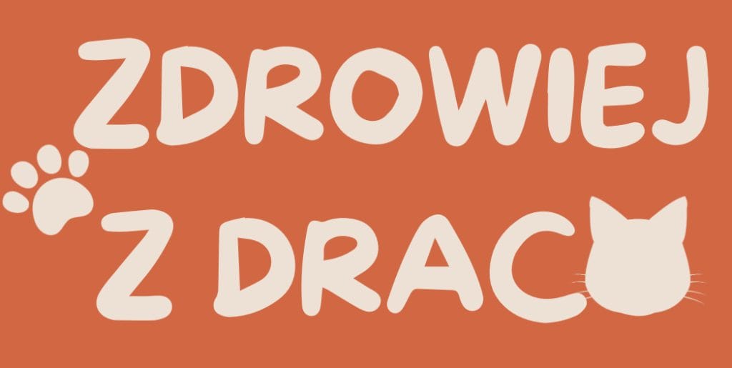 Napis zdrowiej z drac w kolorze beżowym na pomarańczowym tle z motywem kociej łapy i głowy kota.
