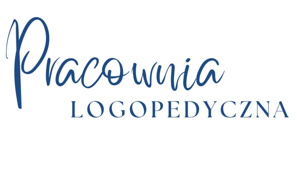 Napis Pracownia Logopedyczna w eleganckim niebieskim stylu