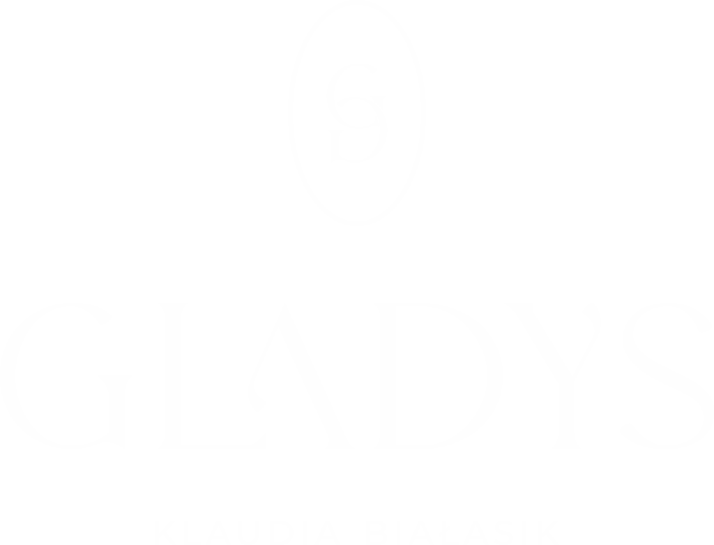 Logo marki Gladys Klaudia Białasik w eleganckim, białym stylu na czarnym tle
