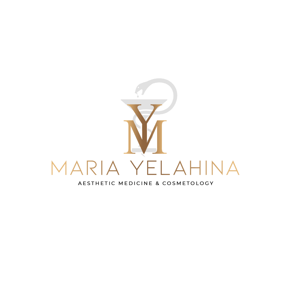 Logo Maria Yelahina z symbolem medycznym w eleganckim złotym kolorze na czarnym tle