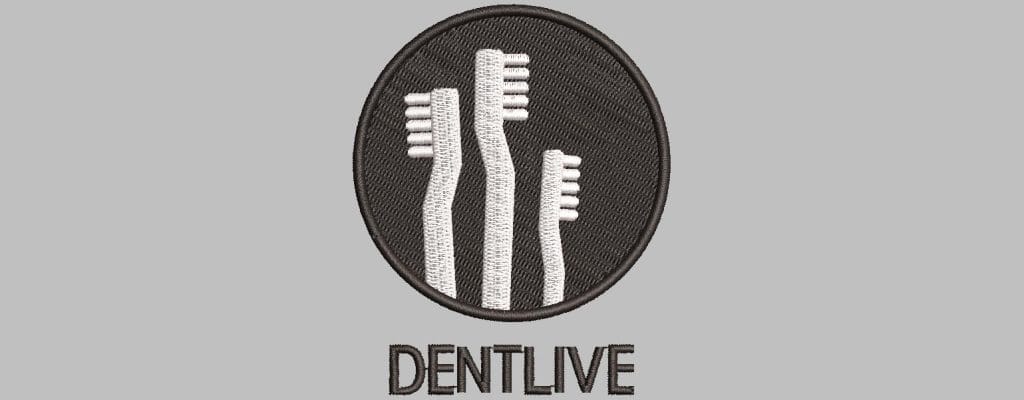 Logo z trzema szczoteczkami do zębów i napisem DENTLIVE
