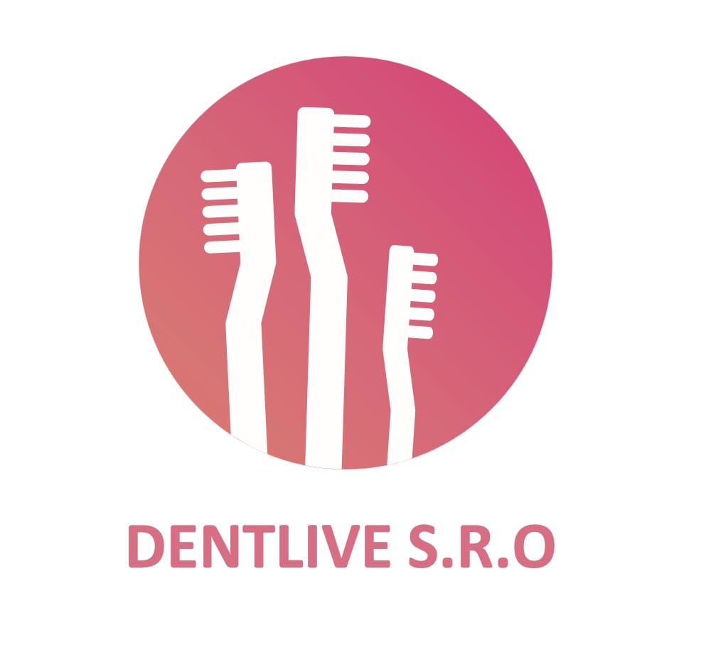 Logo firmy Dentlive z trzema białymi szczoteczkami do zębów na różowym tle