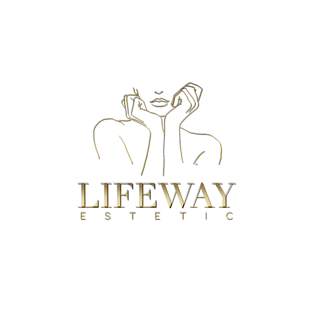 Eleganckie złote logo przedstawiające delikatny zarys twarzy i dłoni z napisem Lifeway Estetic