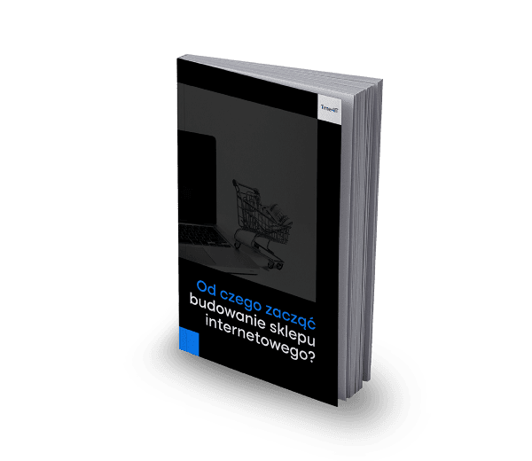 Okładka e-booka o budowaniu sklepu internetowego z grafiką koszyka zakupowego i laptopa.