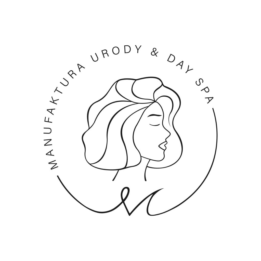 Logo manufaktury urody i day spa z profilem kobiety z długimi włosami