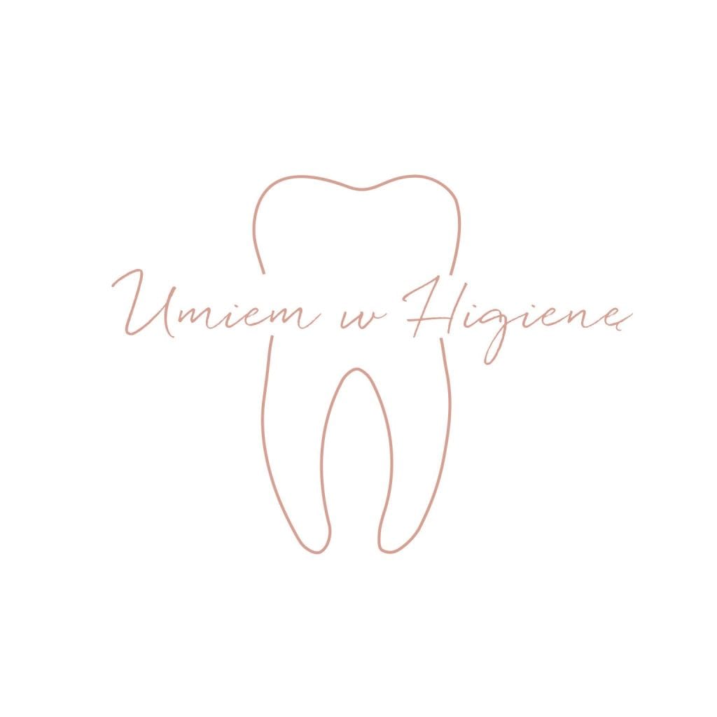 Delikatny rysunek zęba z napisem Umiem w Higienę, symbolizujący profesjonalną odzież medyczną dla higienistek stomatologicznych.