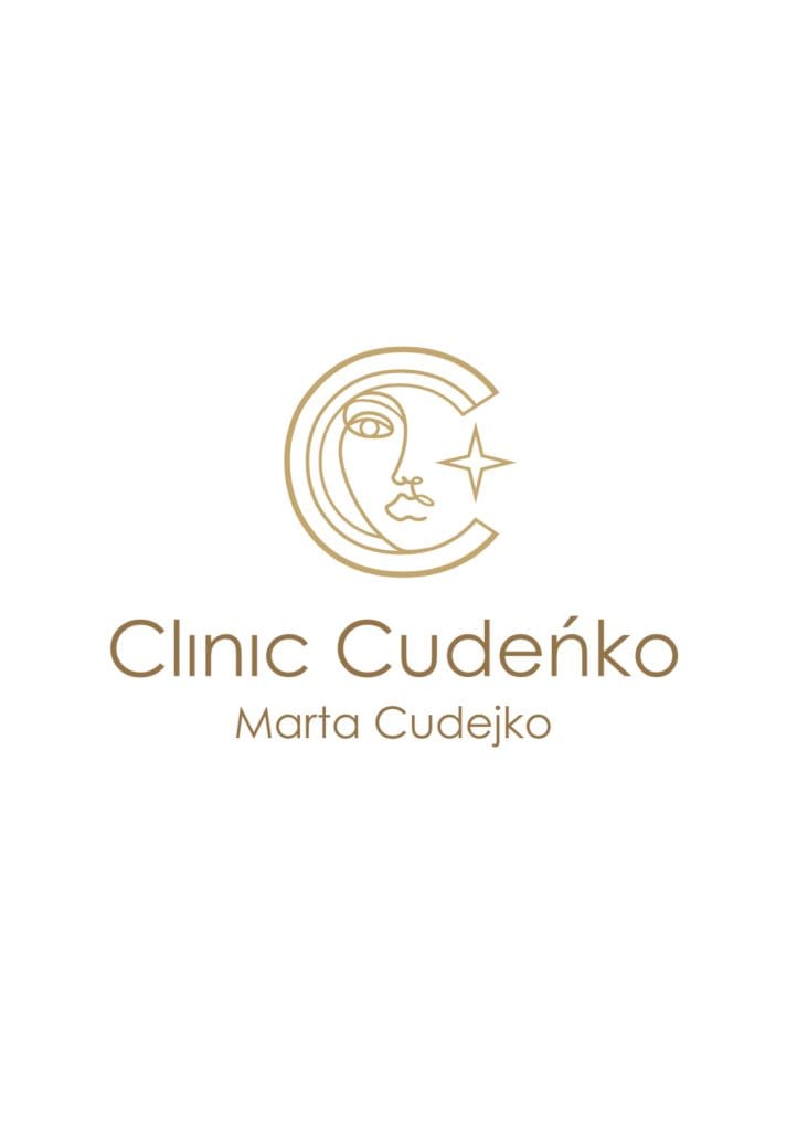 Logo Clinic Cudeńko z delikatną złotą grafiką twarzy i gwiazdką