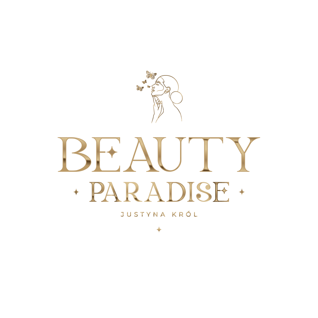 Logo Beauty Paradise z subtelną grafiką kobiety i motyli w złotym kolorze na czarnym tle