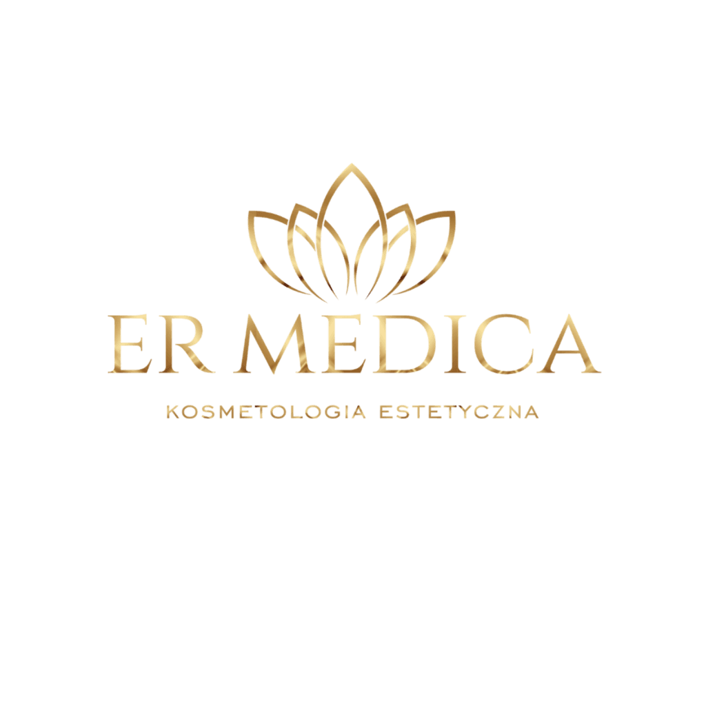 Logo ER Medica kosmetologia estetyczna w złotym kolorze na czarnym tle