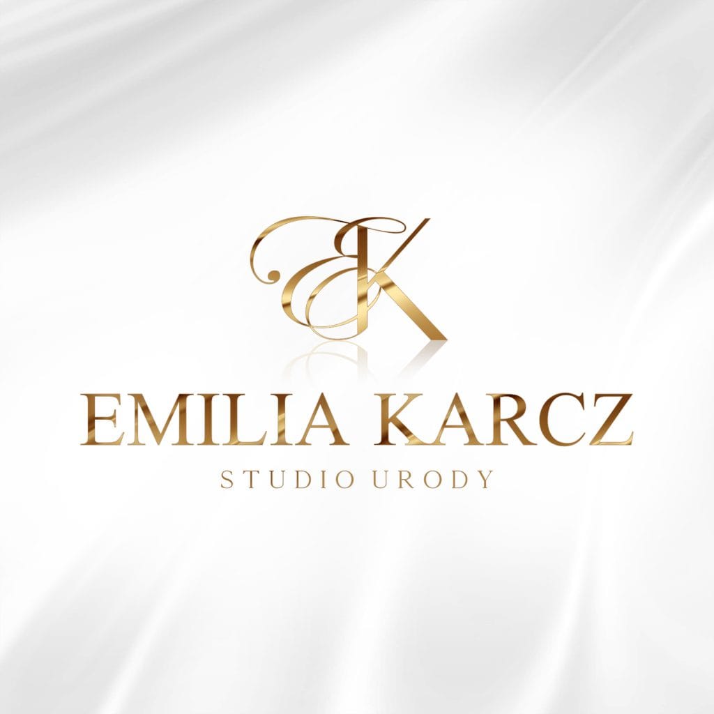 Logo studia urody Emilia Karcz z eleganckim złotym napisem na białym tle