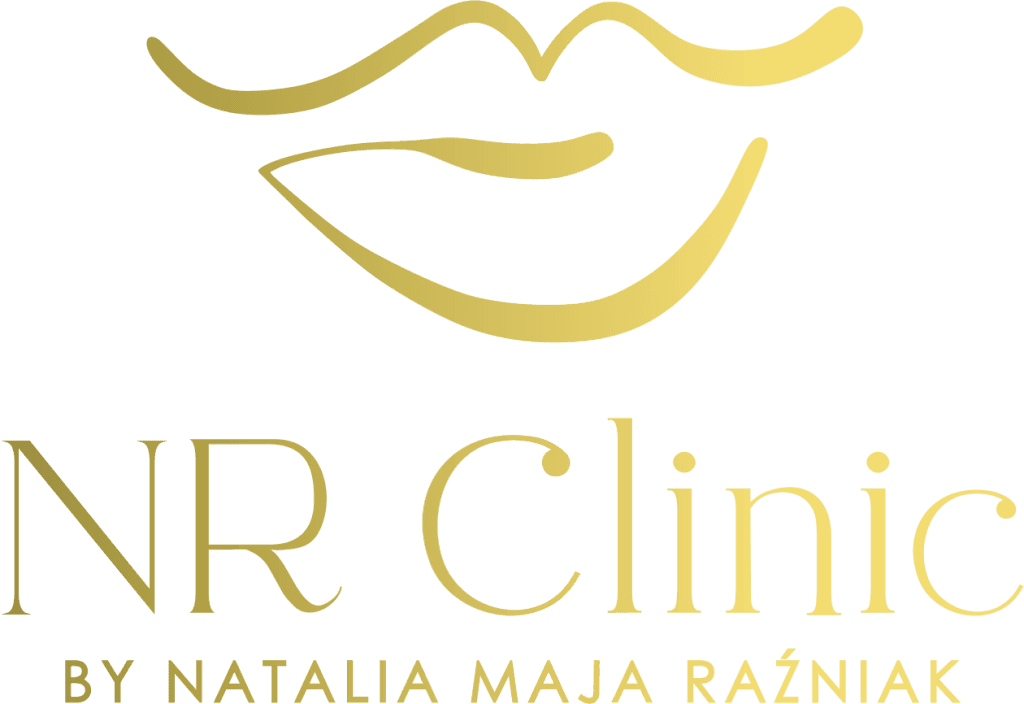 Logo NR Clinic – elegancki złoty znak ust z nazwą kliniki