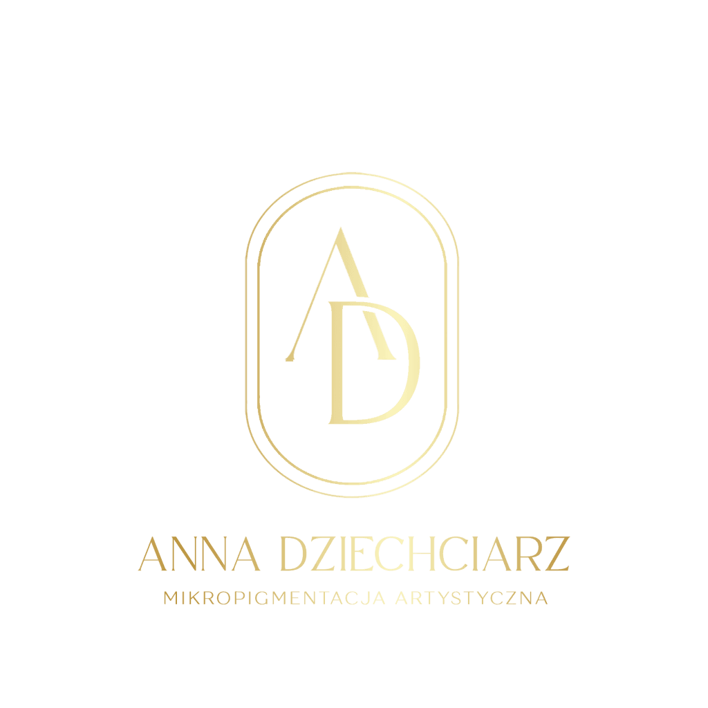 Złote logo z inicjałami A i D oraz napis Anna Dziechciarz Mikropigmentacja artystyczna na czarnym tle