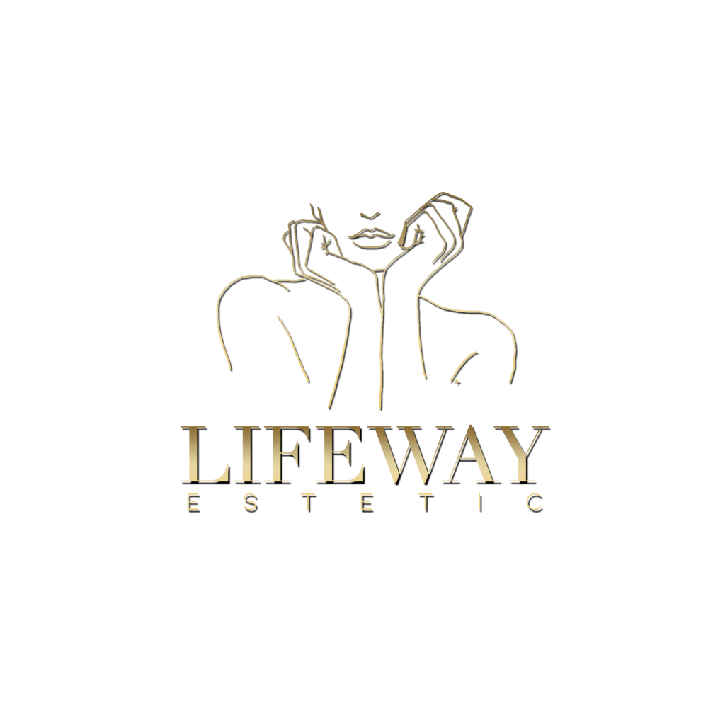 Złote logo przedstawiające stylizowaną twarz kobiety i napis Lifeway Esthetic.