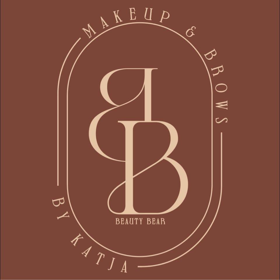Logo Beauty Bear z napisem Makeup & Brows by Katja na brązowym tle