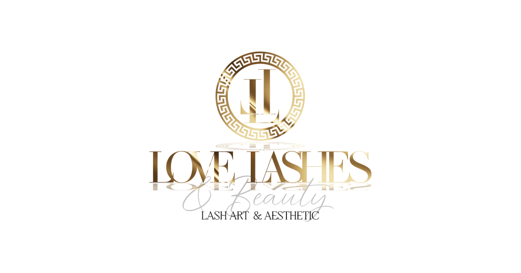 Stylowe złote logo Love Lashes & Beauty na czarnym tle