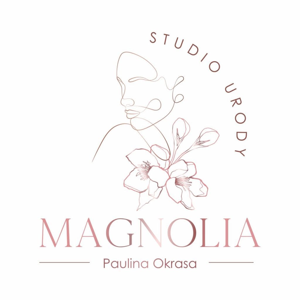 Logo studia urody Magnolia z delikatnym szkicem twarzy kobiety i kwiatami magnolii
