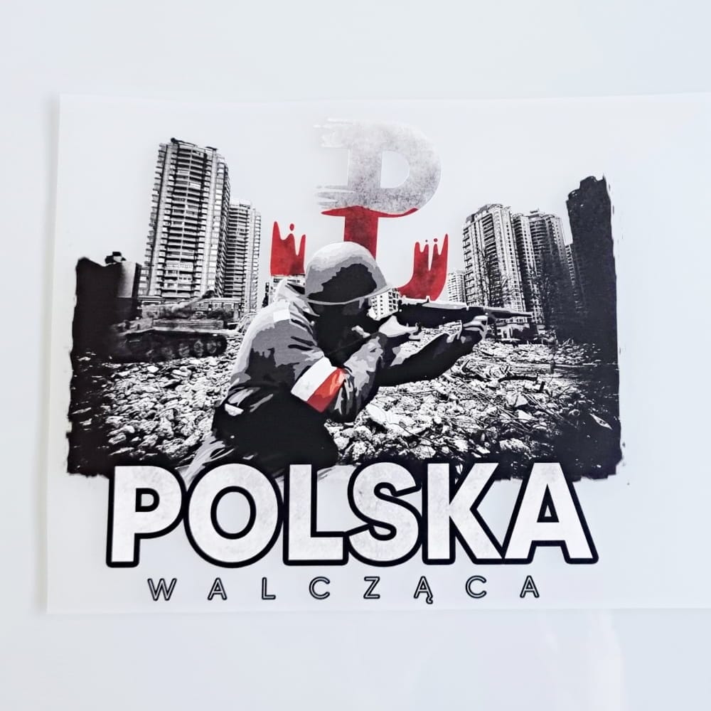 Grafika przedstawiająca polskiego żołnierza na tle zniszczonego miasta z napisem Polska Walcząca