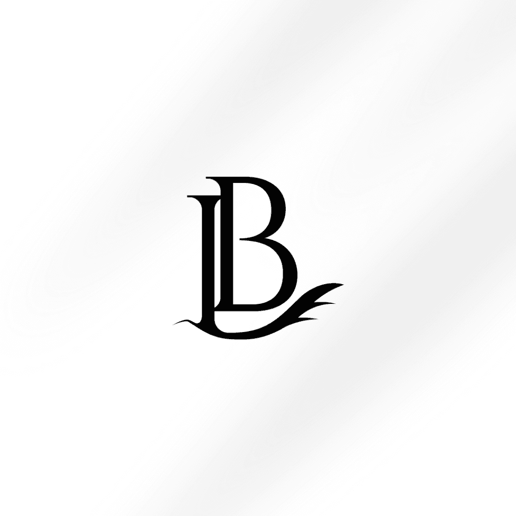 Czarne eleganckie litery L i B połączone w logo z delikatnym motywem liścia